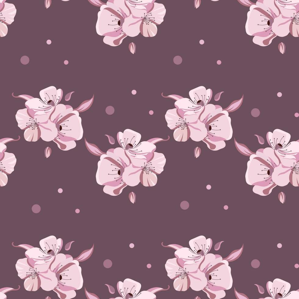 Seamless pattern, delicate pink flowers on a dark background. Print, floral background, textile, vector