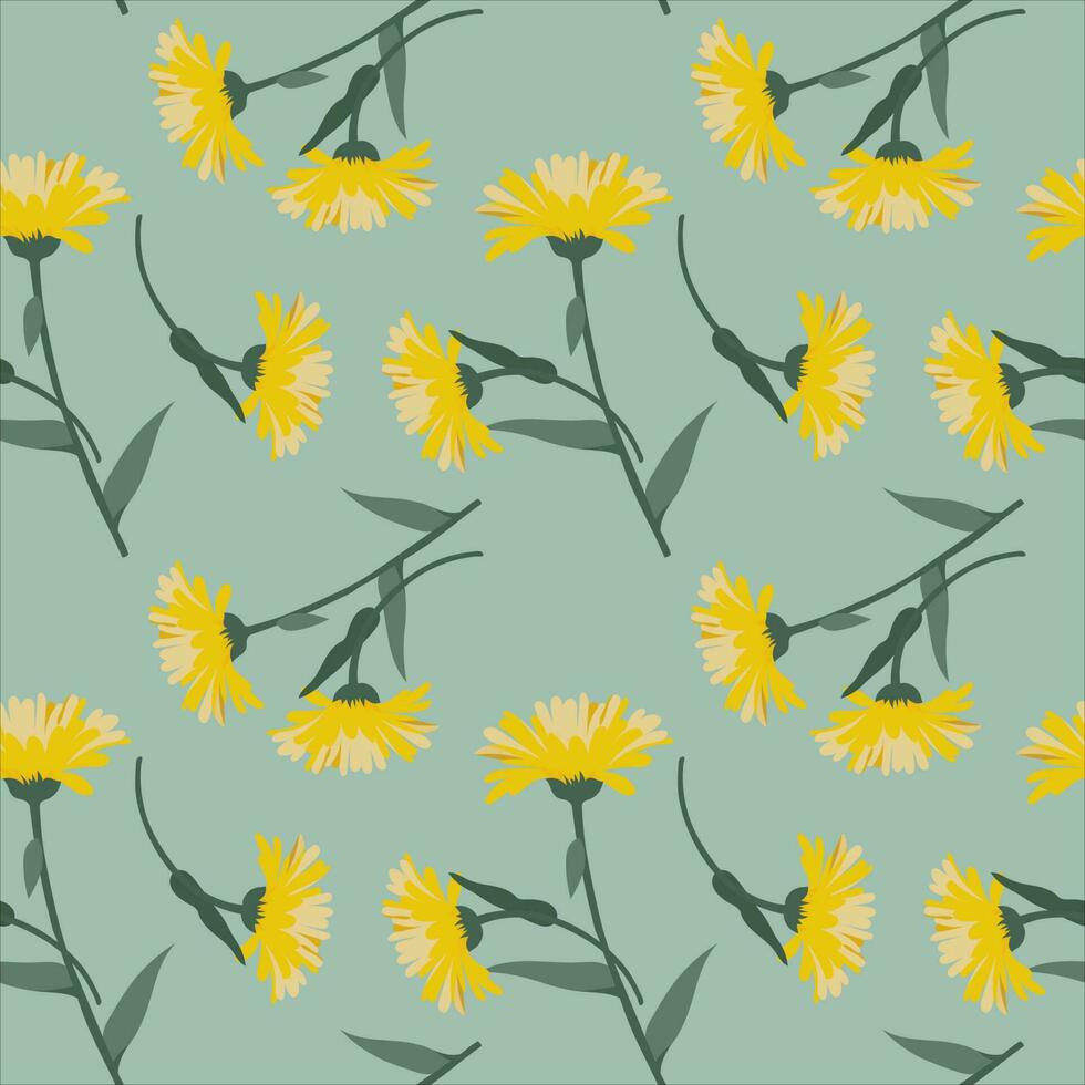 Seamless pattern, cute yellow dandelion flowers with stems. Print, floral background, textile, wallpaper, vector