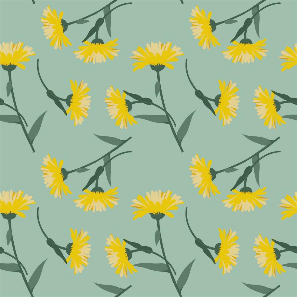 Seamless pattern, cute yellow dandelion flowers with stems. Print, floral background, textile, wallpaper, vector