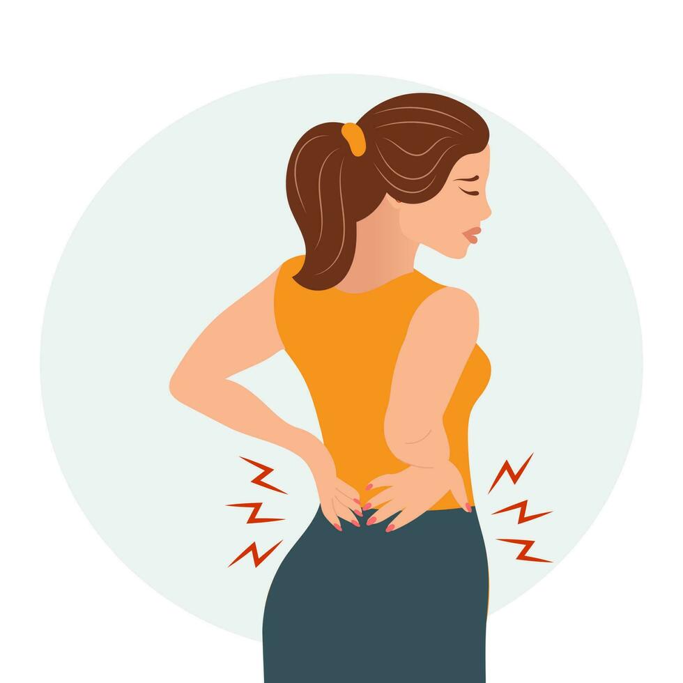 Sad young woman with symptoms of pain in the lower back and spine. The concept of health and medicine. Illustration, vector
