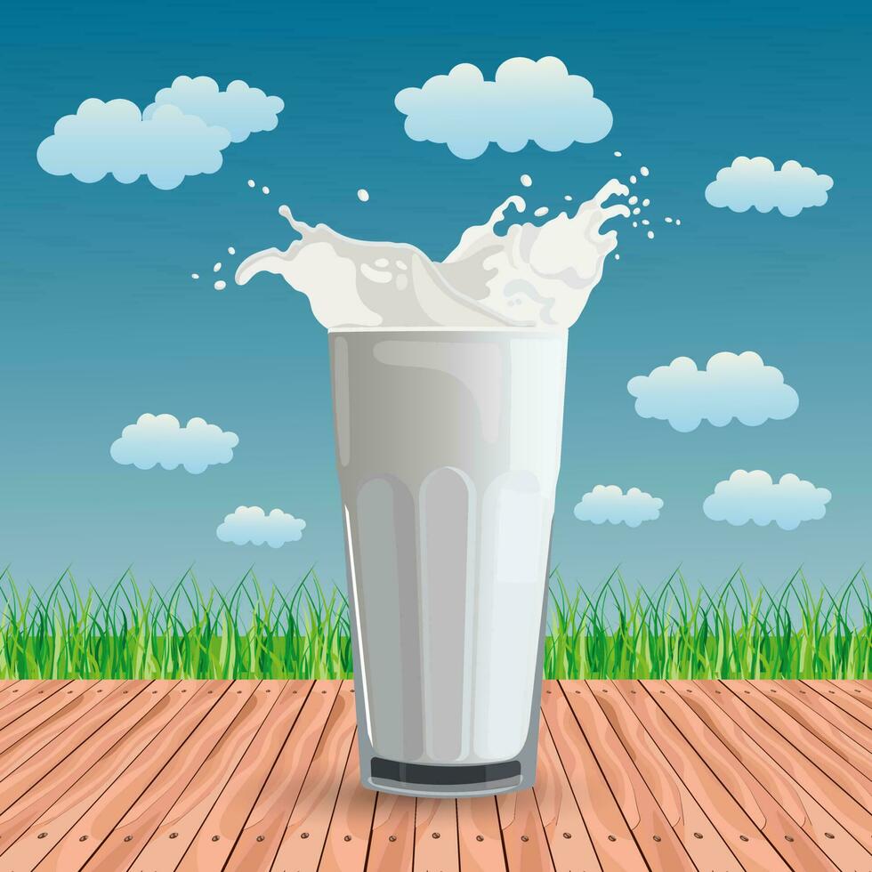 A glass of milk on a wooden table against the backdrop of a summer landscape. Poster, banner, illustration, vector