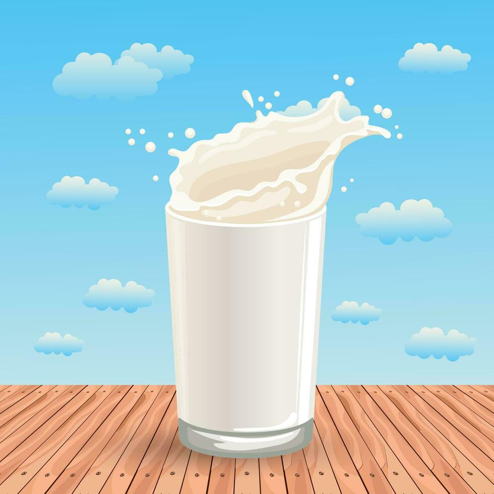 A glass of milk on a wooden table against the backdrop of a summer landscape. Poster, banner, illustration, vector