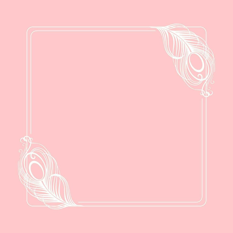 White luxury frame with peacock bird feathers on a pink background. Design for invitations, cards, vector