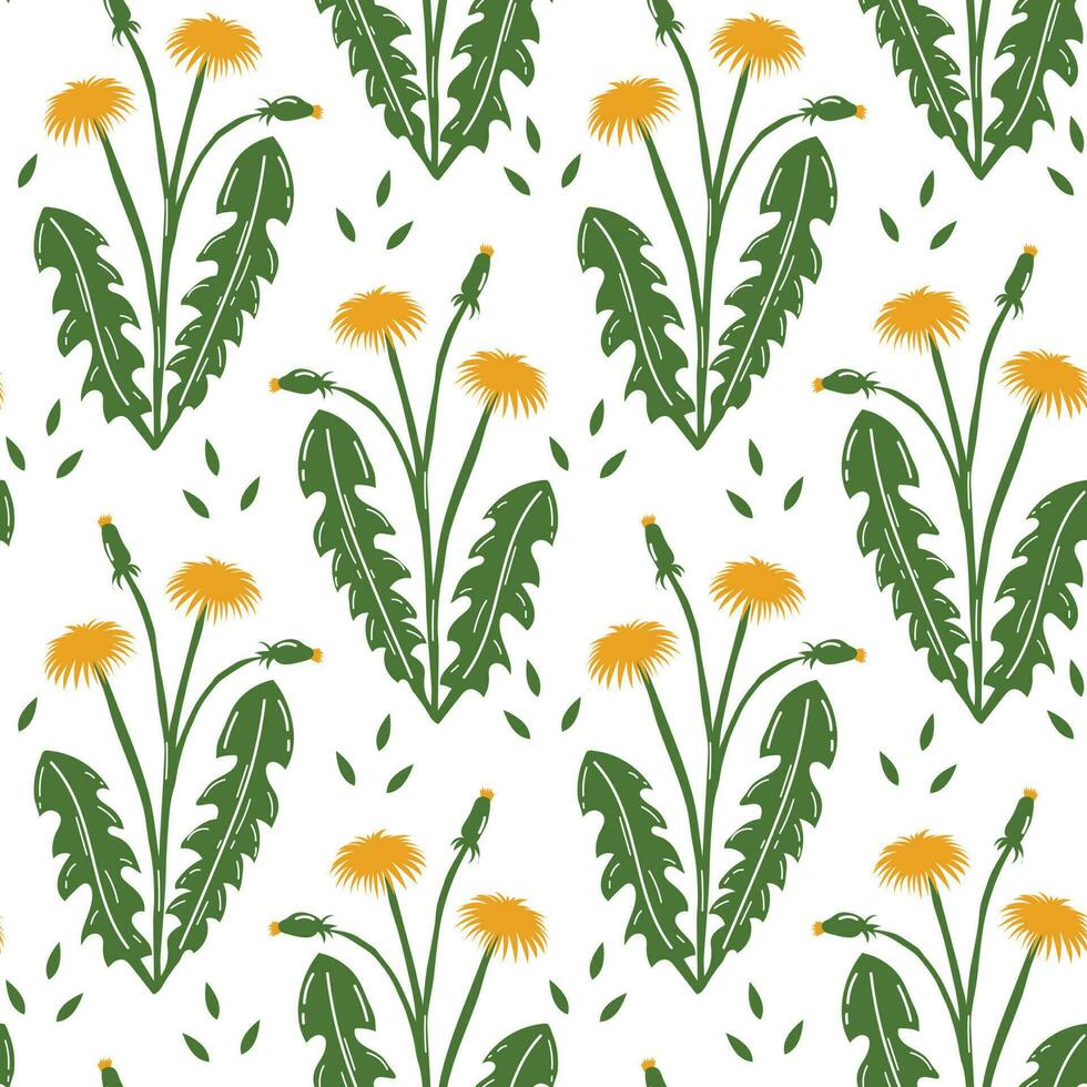 Seamless pattern, cute yellow dandelion flowers with stems. Print, floral background, textile, wallpaper, vector