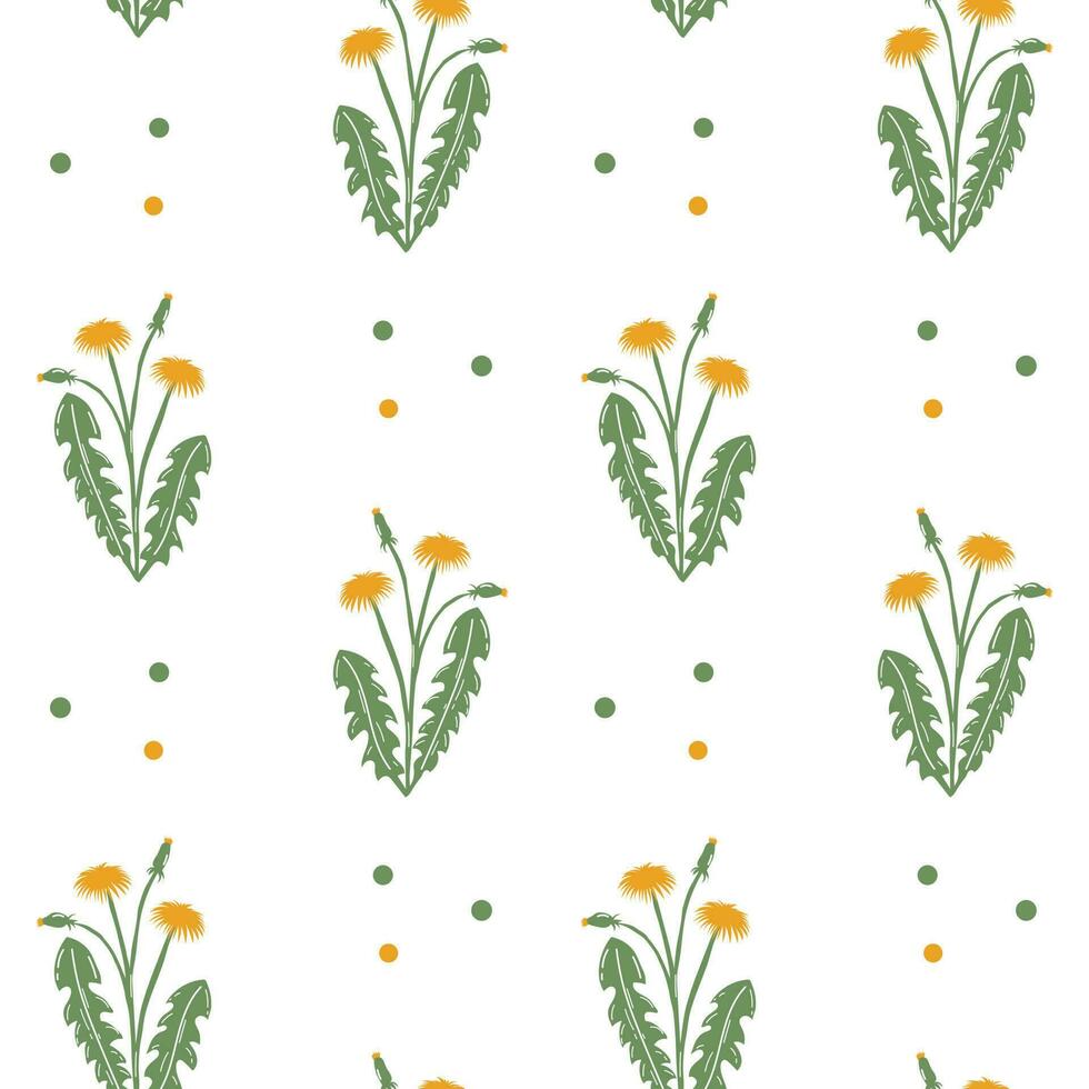 Seamless pattern, cute yellow dandelion flowers with stems. Print, floral background, textile, wallpaper, vector