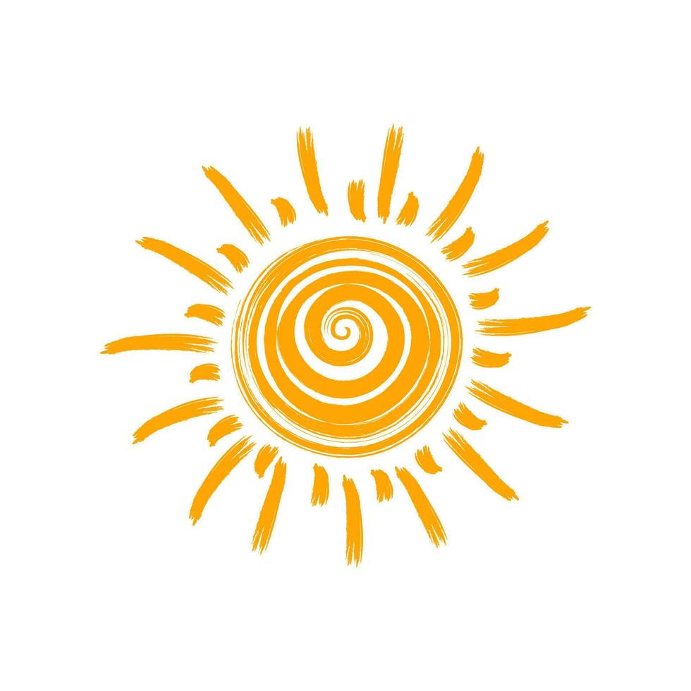 Hand drawn cute sun in doodle style. Grunge brush sun icon isolated on white background. Vector