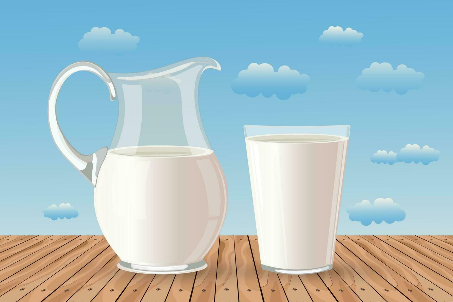 A glass of milk and a jug of milk on a wooden table against the backdrop of a summer landscape. Poster, banner, illustration, vector