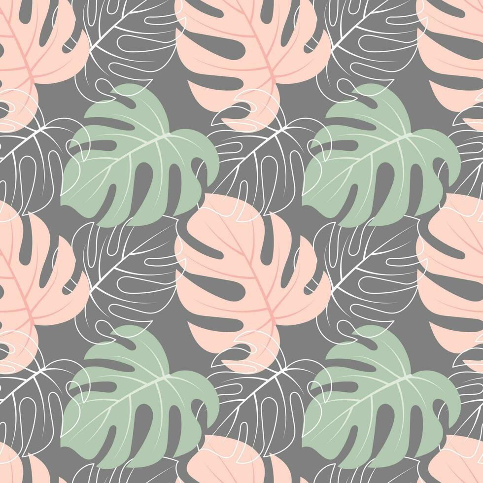 Seamless pattern with colored and outline tropical monstera leaves.Pastel colors. Print, textile, template, vector