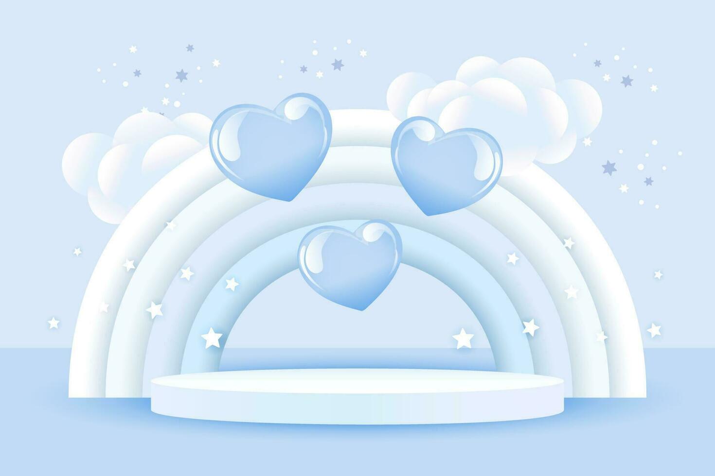 3d baby shower, rainbow and podium with balloons and stars on a pale blue background, childish design in pastel colors. Background, illustration, vector