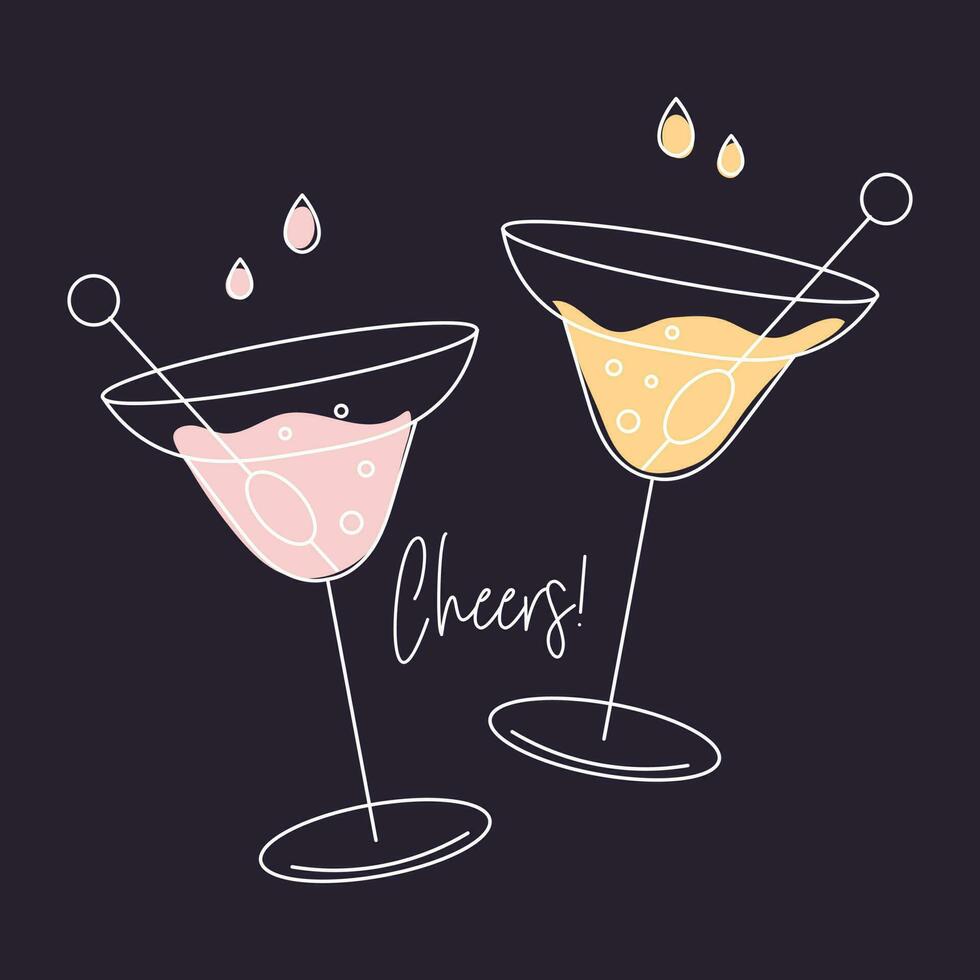 Two martini cocktails with olives and the word Cheers. Drink icon, holiday illustration, vector