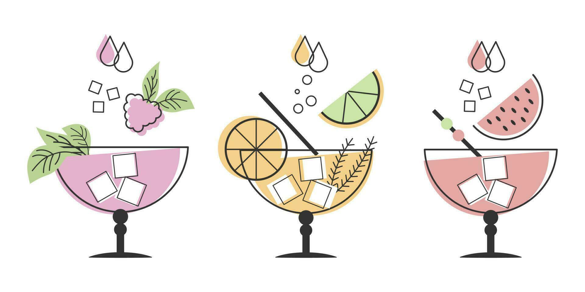 A set of linear drawings of refreshing fruit cocktails with different drinks, ice cubes, straws and umbrellas. Drinks icons, cafe menu, vector