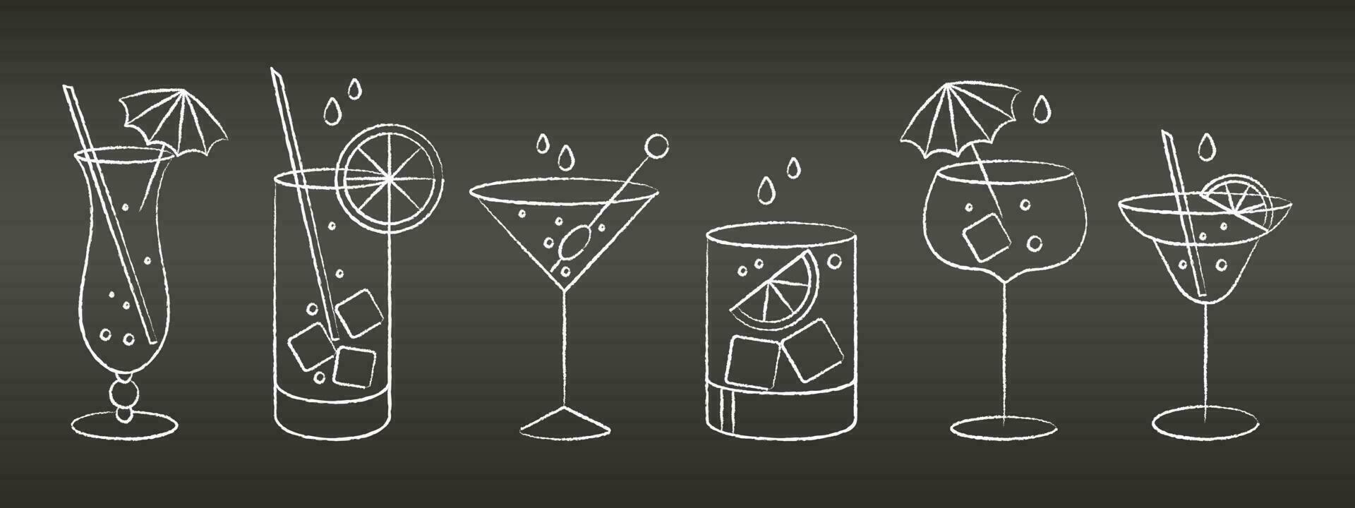 Set of grunge line drawings of refreshing fruit cocktails with ice cubes, straws and umbrellas. Drink icons, cafe menu, vector