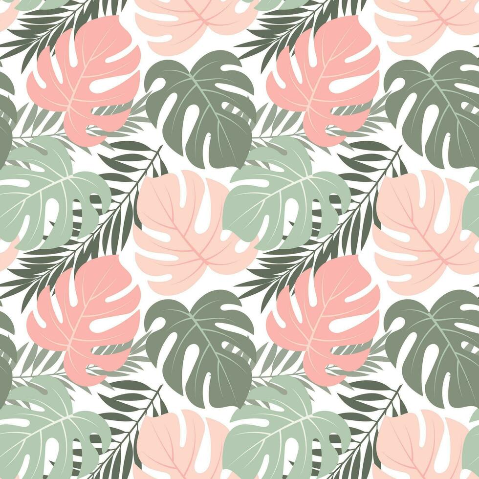 Seamless pattern with colored and contour tropical monstera leaves. Pastel colors. Print, background, textile, template, vector