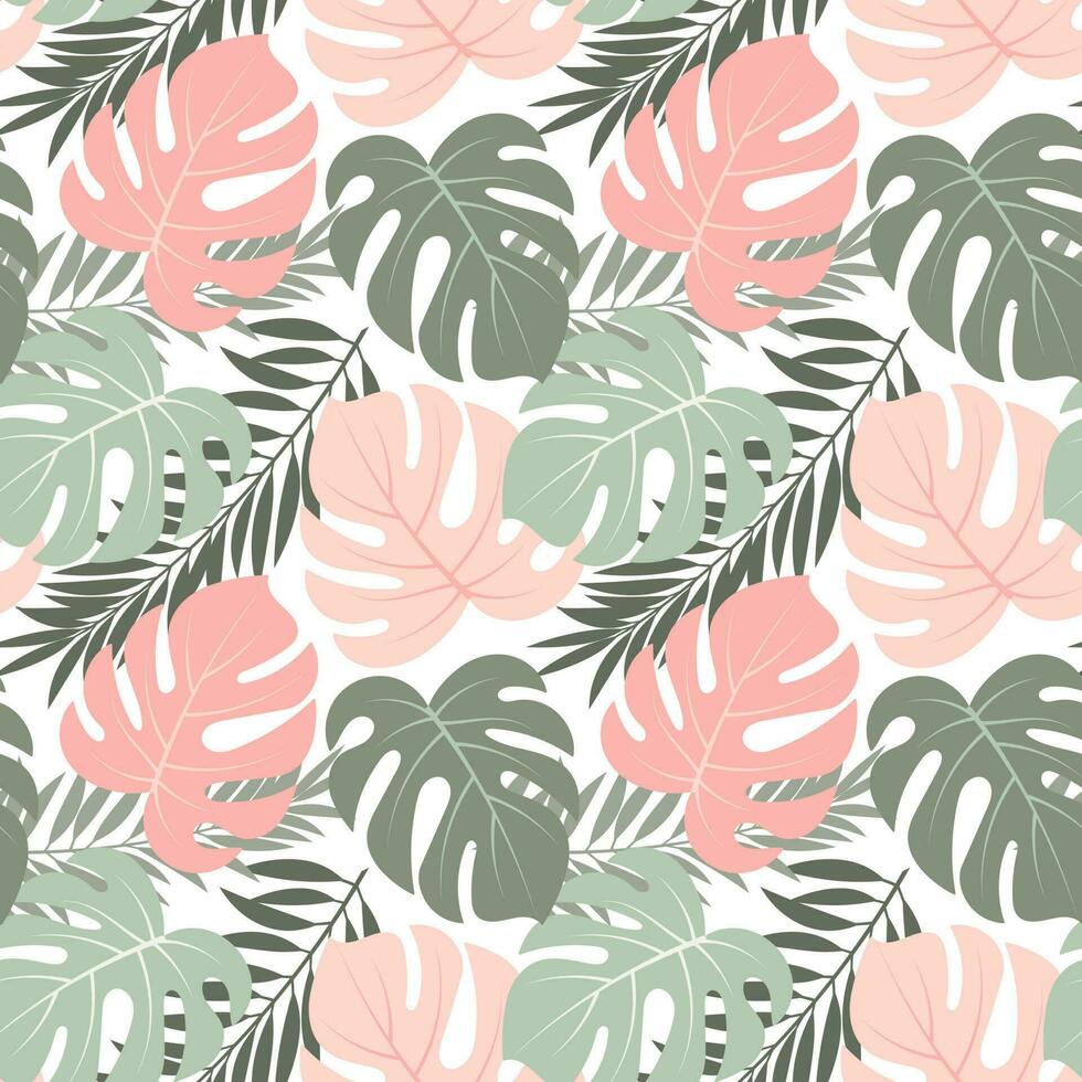 Seamless pattern with colored and contour tropical monstera leaves. Pastel colors. Print, background, textile, template, vector