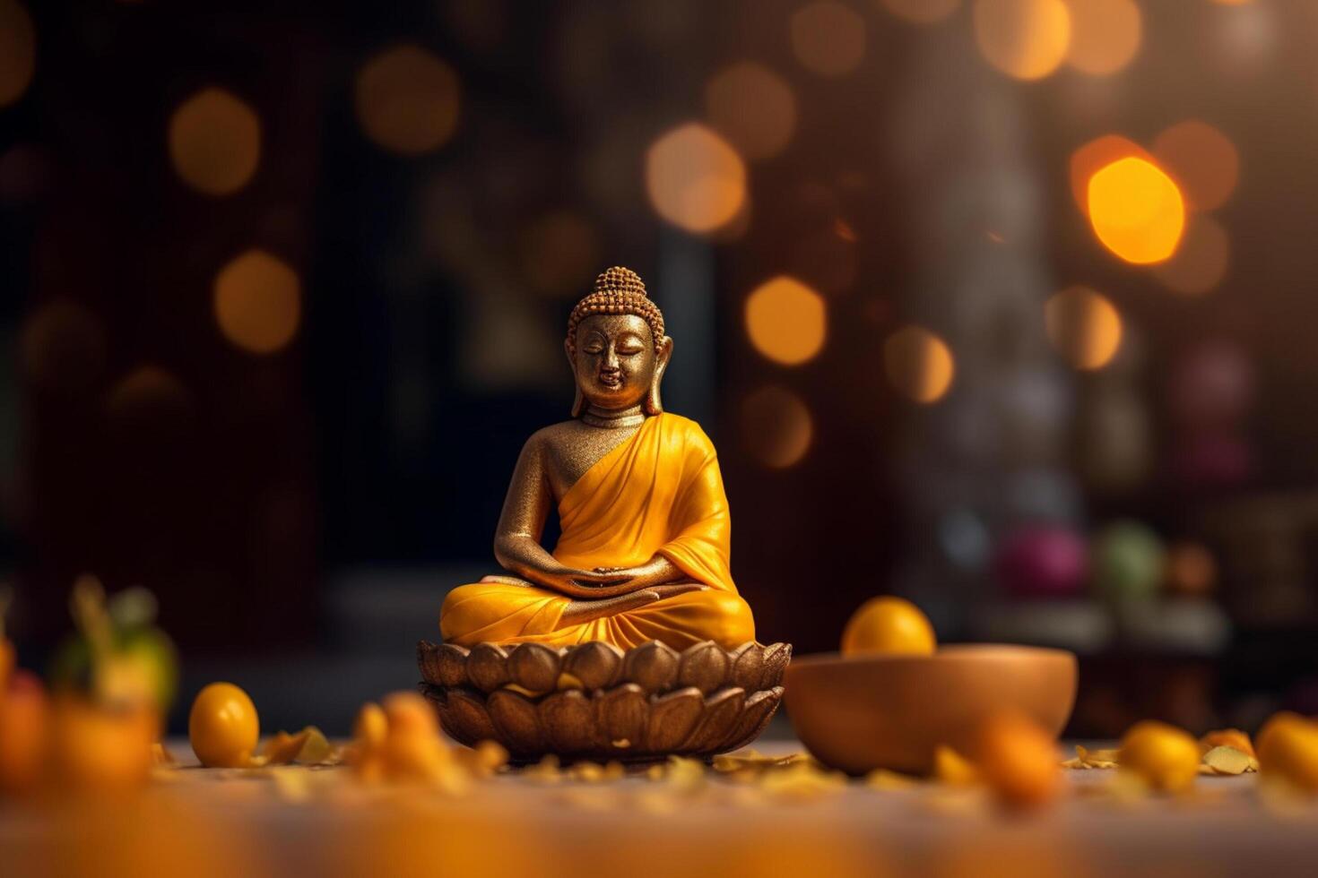A buddha sits in a garden with a lotus and candles. Background for vesak festival celebration. Vesak day concept. Vesak celebration day greetings by photo