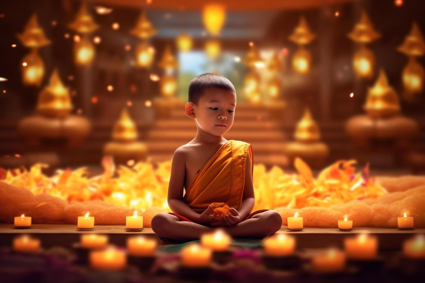A young buddha sits in a garden with a lotus and candles. Background for vesak festival celebration. Vesak day concept. Vesak celebration day greetings by photo