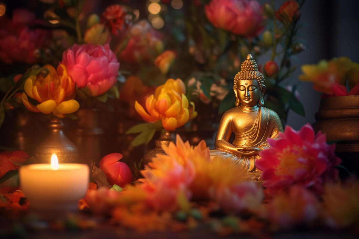 A buddha sits in a garden with a lotus and candles. Background for vesak festival celebration. Vesak day concept. Vesak celebration day greetings by photo