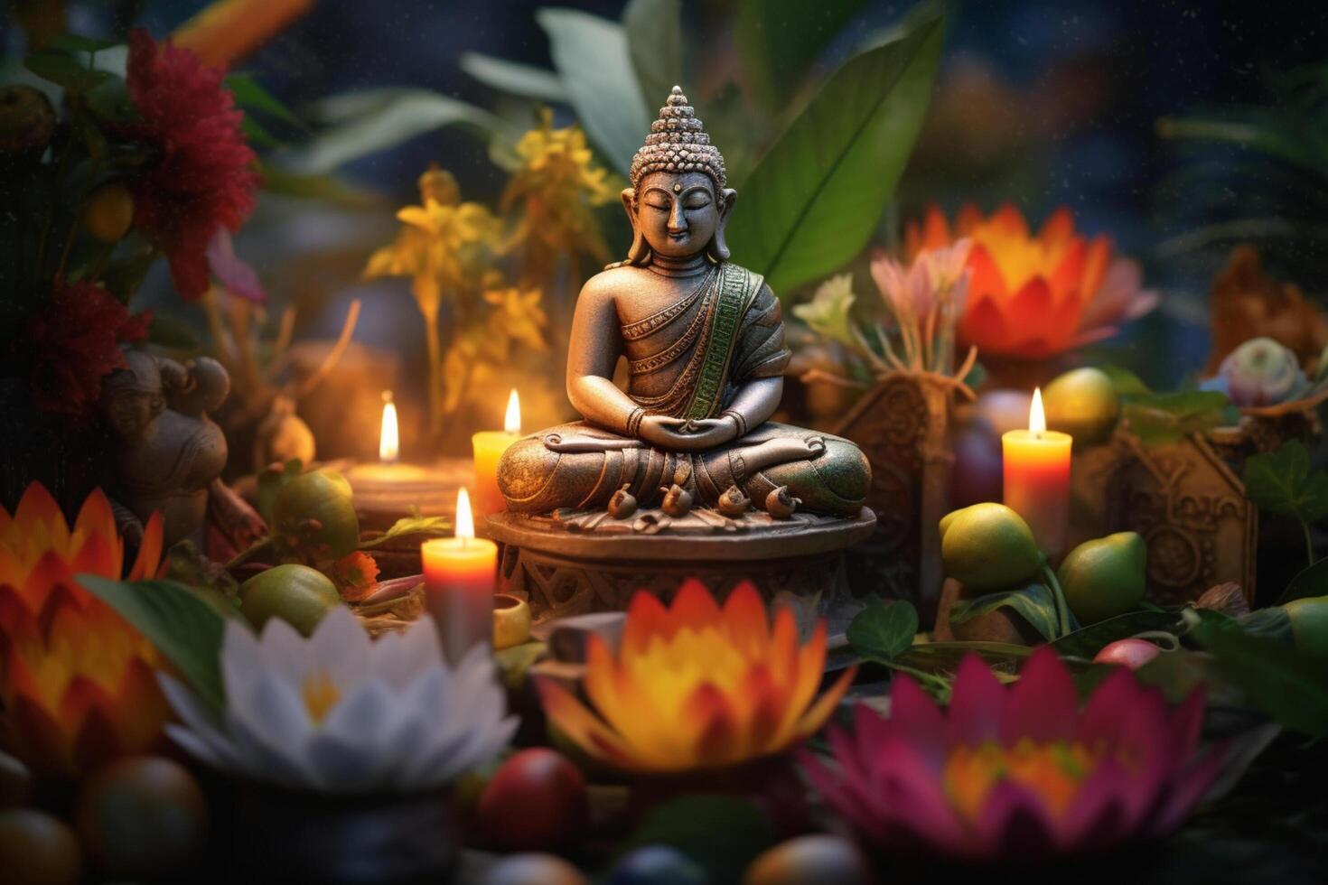 A buddha sits in a garden with a lotus and candles. Background for vesak festival celebration. Vesak day concept. Vesak celebration day greetings by photo