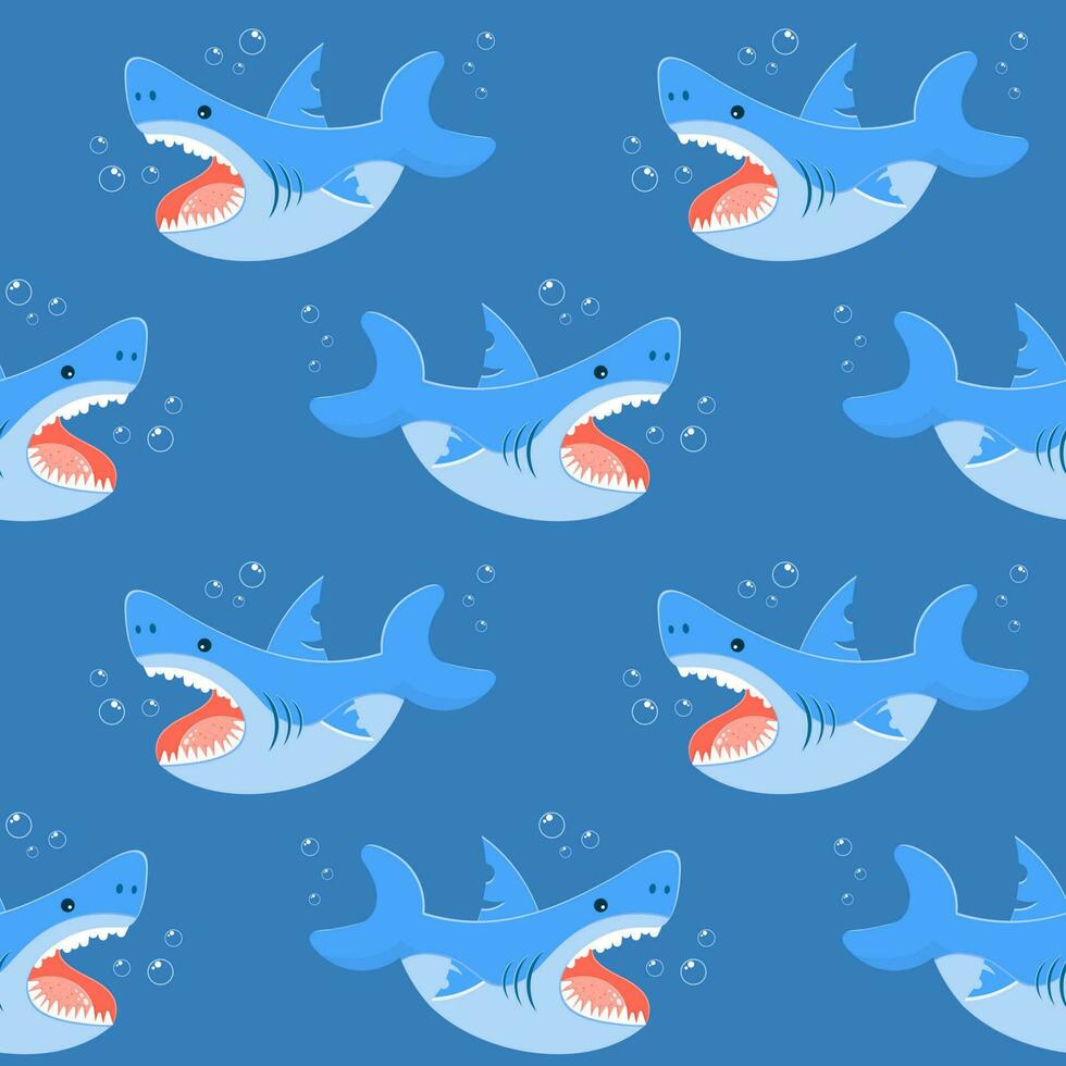 sin costura patrón, gracioso tiburones con burbujas en un azul antecedentes. mar agua fondo, imprimir, textil, fondo de pantalla, vector