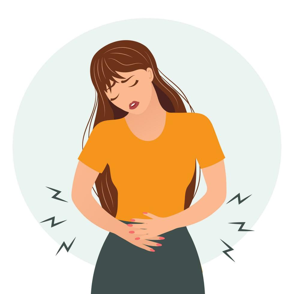 Sad young woman with menstrual pain symptoms. The concept of health and medicine. Illustration, vector
