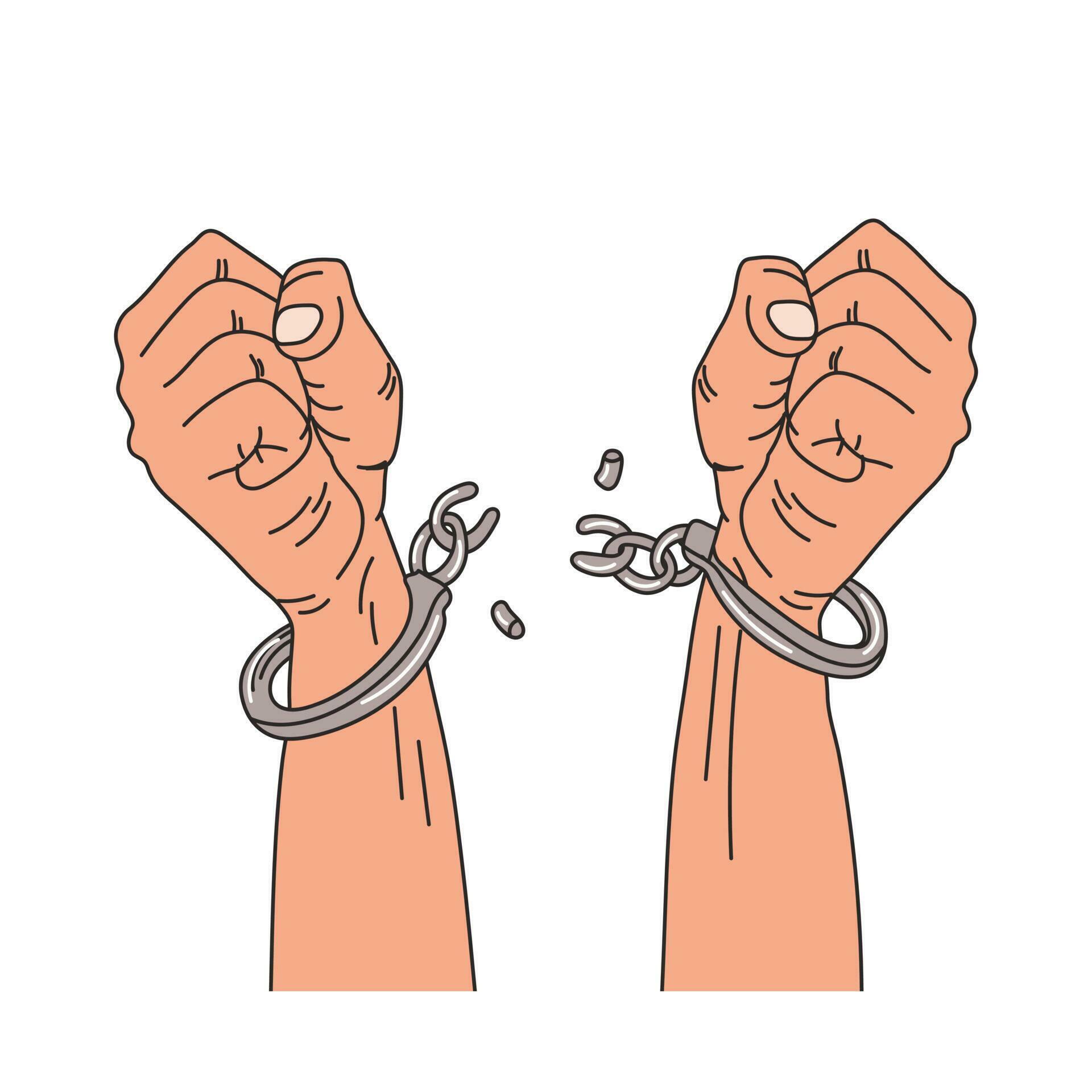 Men's hands break the chains. The concept of national slavery and human