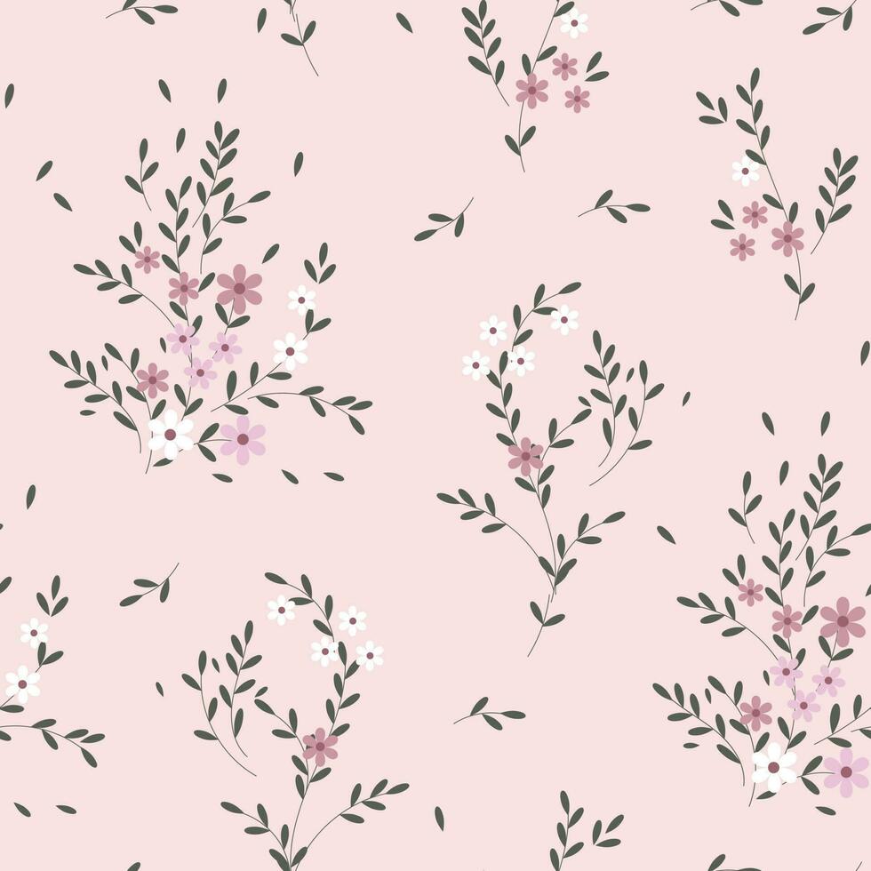 Seamless pattern, small flowers and scattered leaves. Floral rustic background, print, textile, wallpaper, vector