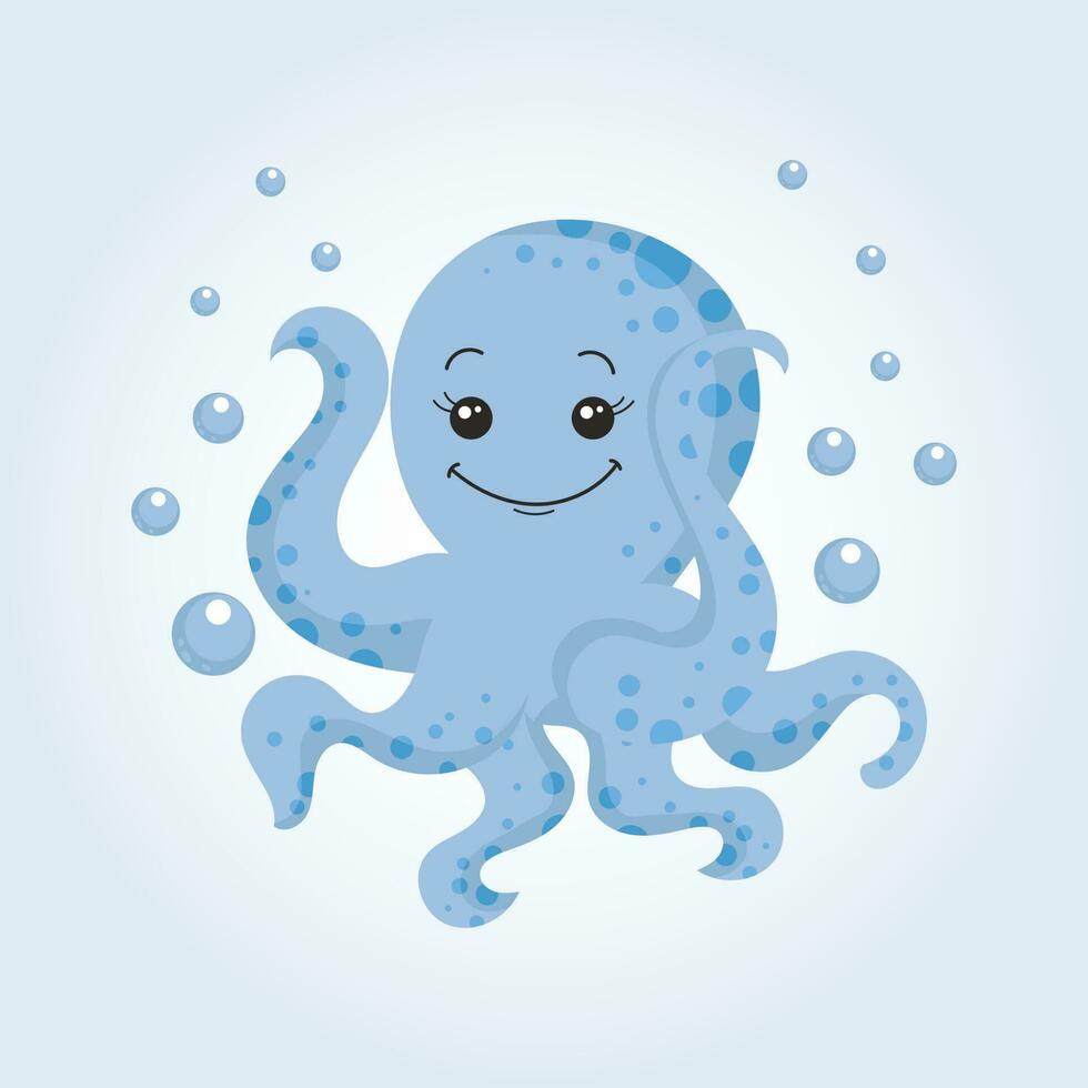 Blue cute cartoon character baby octopus. Children's card, print, vector