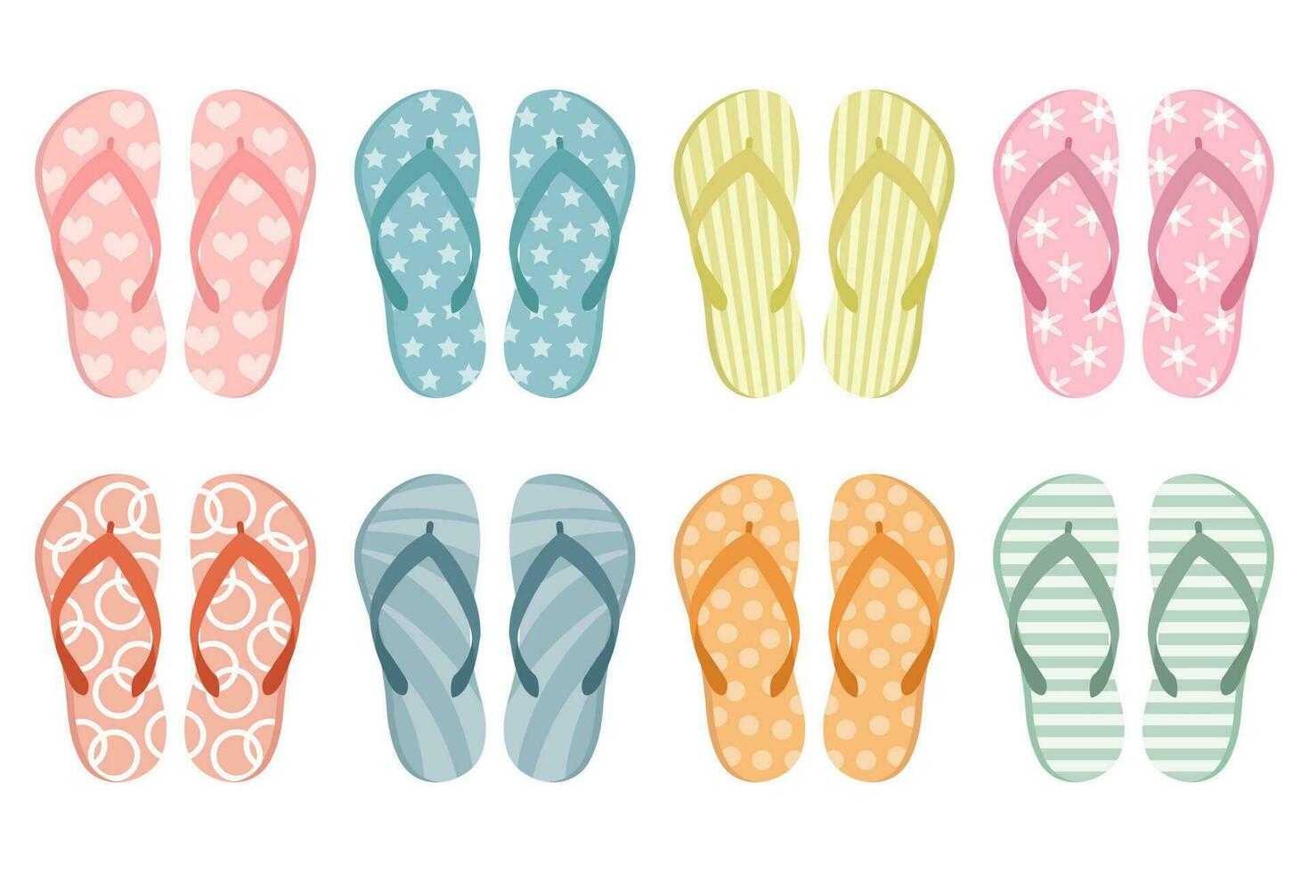 un conjunto de vistoso caucho dar la vuelta fracasos en diferente colores. ilustración de verano zapatos, parte superior ver de zapatillas. piscina zapatos. plano diseño. iconos, vector