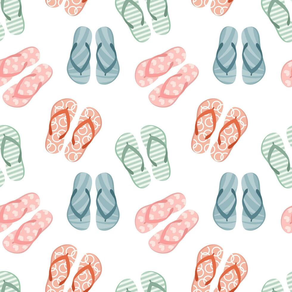 Seamless pattern with colorful flip flops, summer slippers on a white background. Pool shoes background, print, vector