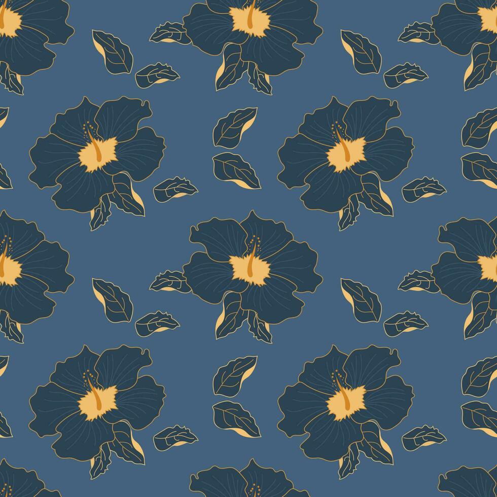 sin costura patrón, elegante azul y oro hibisco flores imprimir, floral fondo, textil, fondo de pantalla, vector