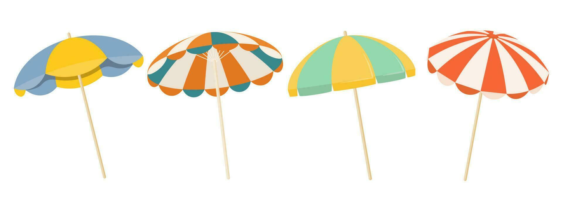 Set of colorful beach umbrellas isolated on white background. Summer icons, vector