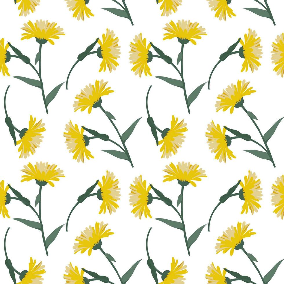 Seamless pattern, cute yellow dandelion flowers with stems. Print, floral background, textile, wallpaper, vector