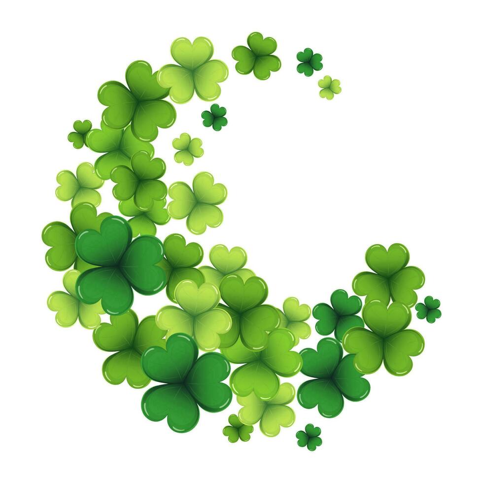 Scattered colorful clover leaves in a circle, shamrock background. Logo, icon. St. Patrick's day illustration, vector