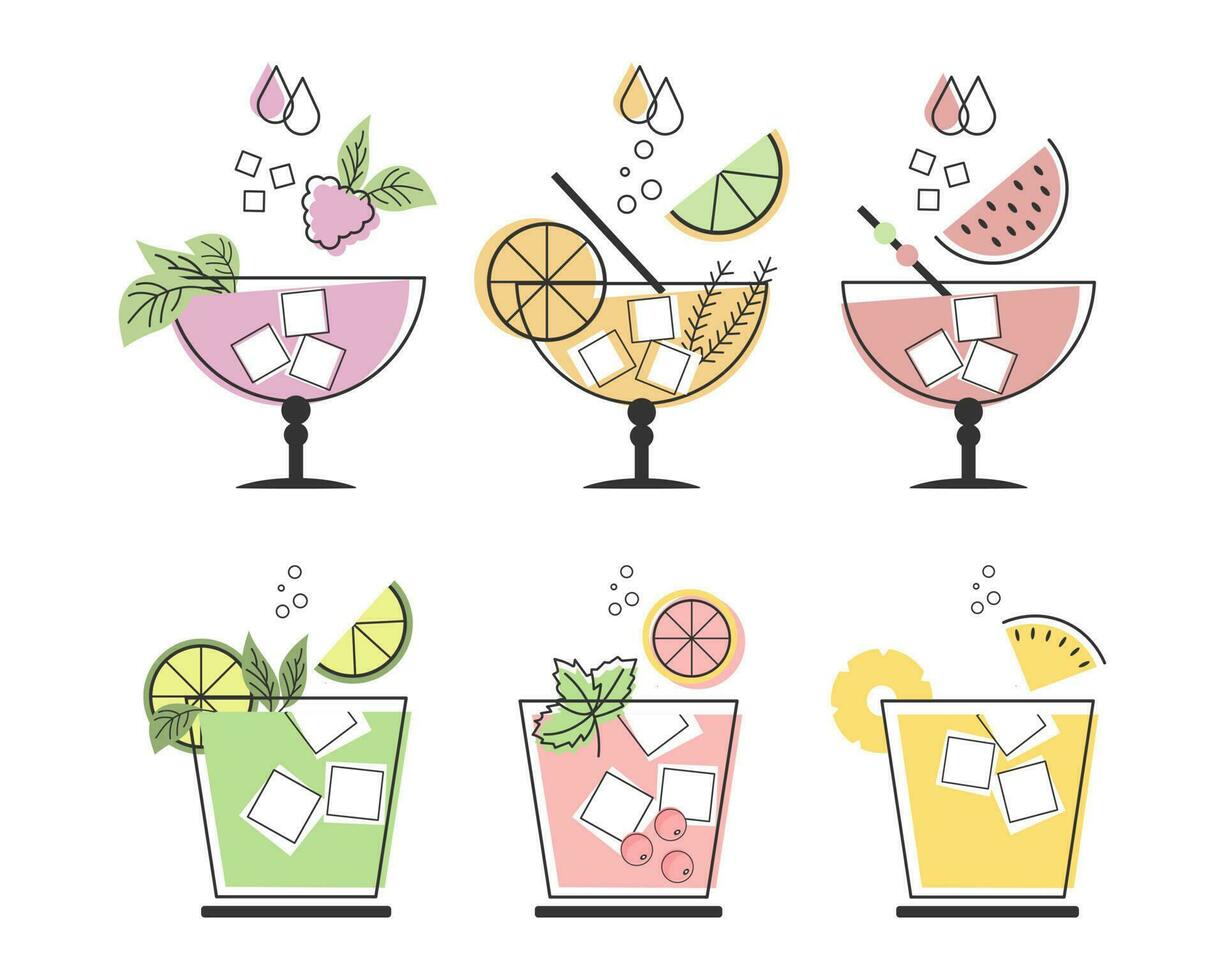 A set of linear drawings of refreshing fruit cocktails with different drinks, ice cubes, straws and umbrellas. Drinks icons, cafe menu, vector