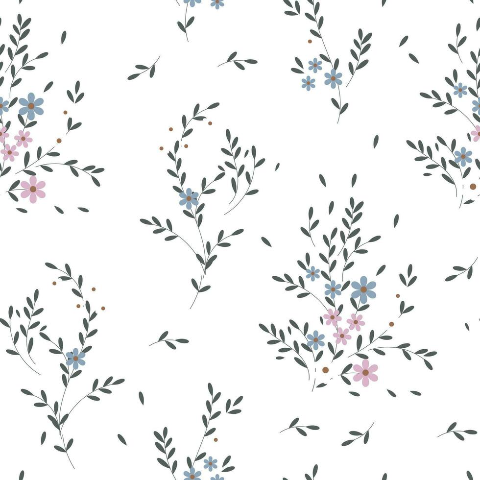 Seamless pattern, small flowers and scattered leaves. Floral rustic background, print, textile, wallpaper, vector