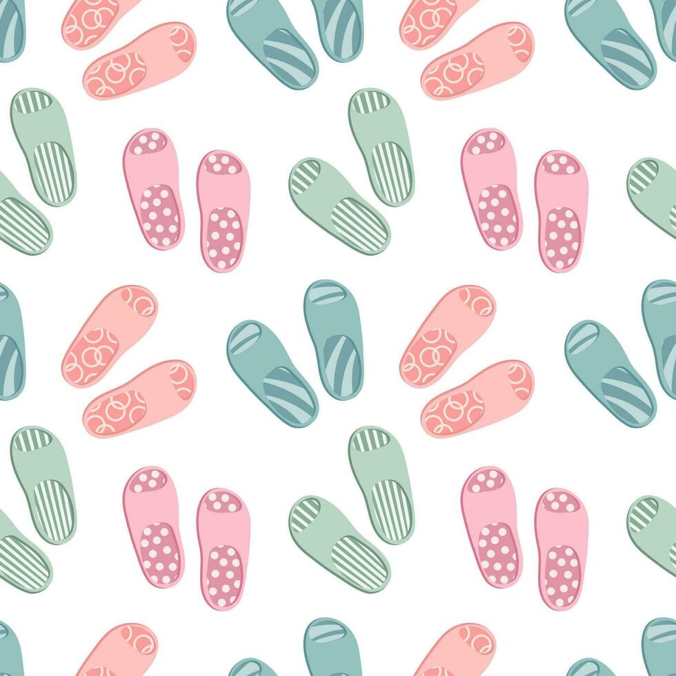 Seamless pattern with colorful flip flops, summer slippers on a white background. Pool shoes background, print, vector