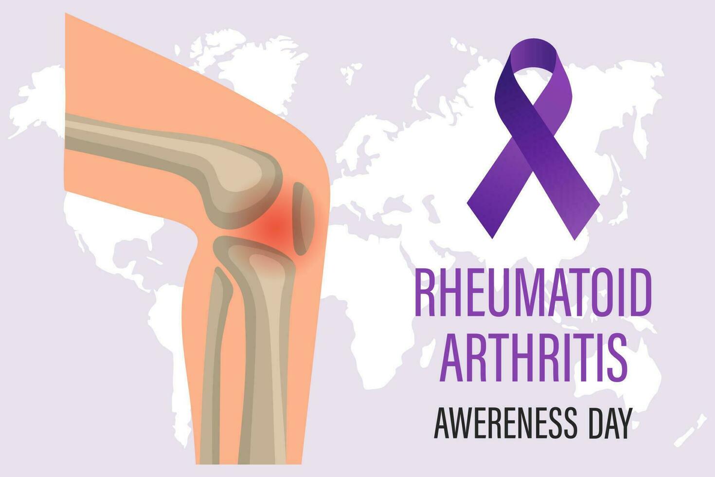 Rheumatoid Arthritis Awareness Day banner, 2 February. A purple ribbon and a man's knee joint. Medical concept. Poster, banner vector