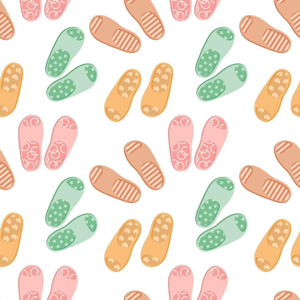 Seamless pattern with colorful flip flops, summer slippers on a white background. Pool shoes background, print, vector