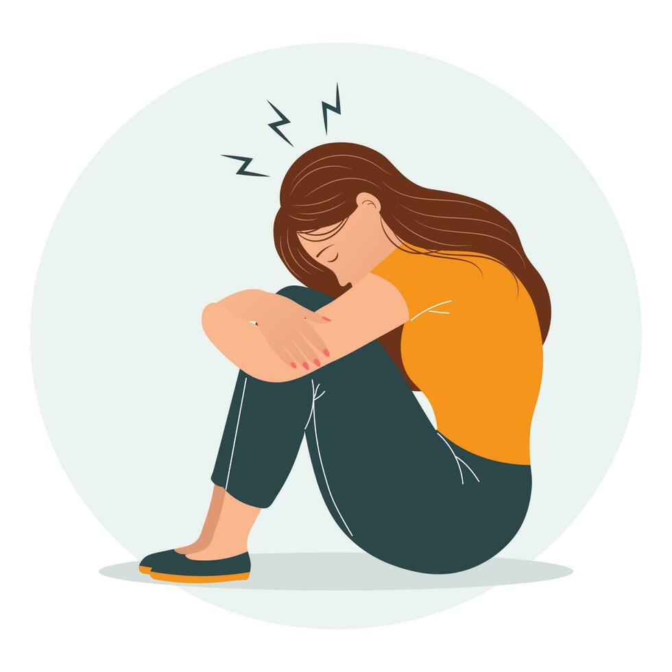Sad young woman with menstrual pain symptoms. The concept of health and medicine. Illustration, vector