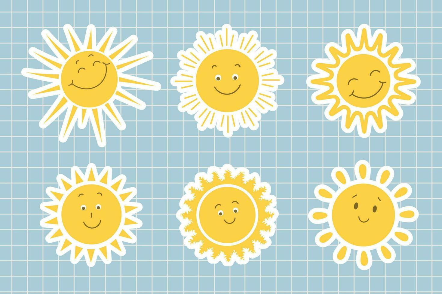 Set of cute cartoon character suns. Children's sunny emoticon collection on a checkered background. Design elements, stickers, print vector