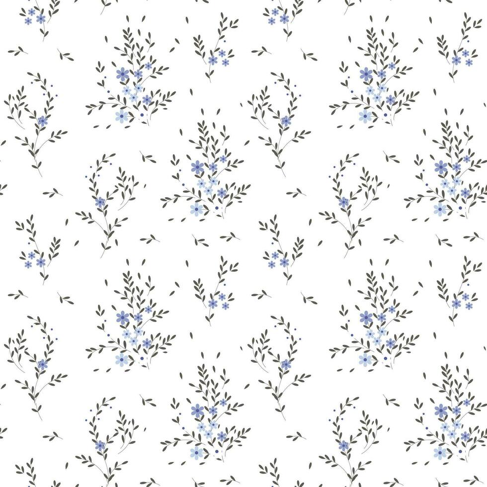 Seamless pattern, small flowers and scattered leaves. Floral rustic background, print, textile, wallpaper, vector