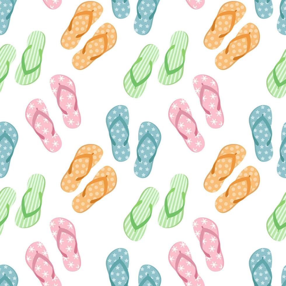 Seamless pattern with colorful flip flops, summer slippers on a white background. Pool shoes background, print, vector