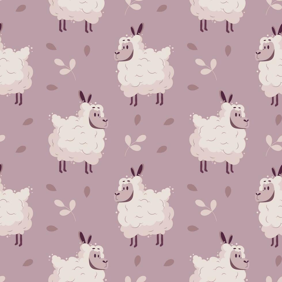 Seamless pattern, cute pink sheep with hearts on a light background. Cartoon illustration in flat style, children's print, vector