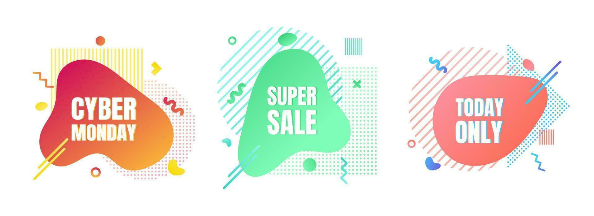 3 modern liquid abstract special offer price sign CYBER MONDAY, SUPER SALE, TODAY ONLY text gradient flat style design fluid vector colorful vector illustration banner simple shape advertising.