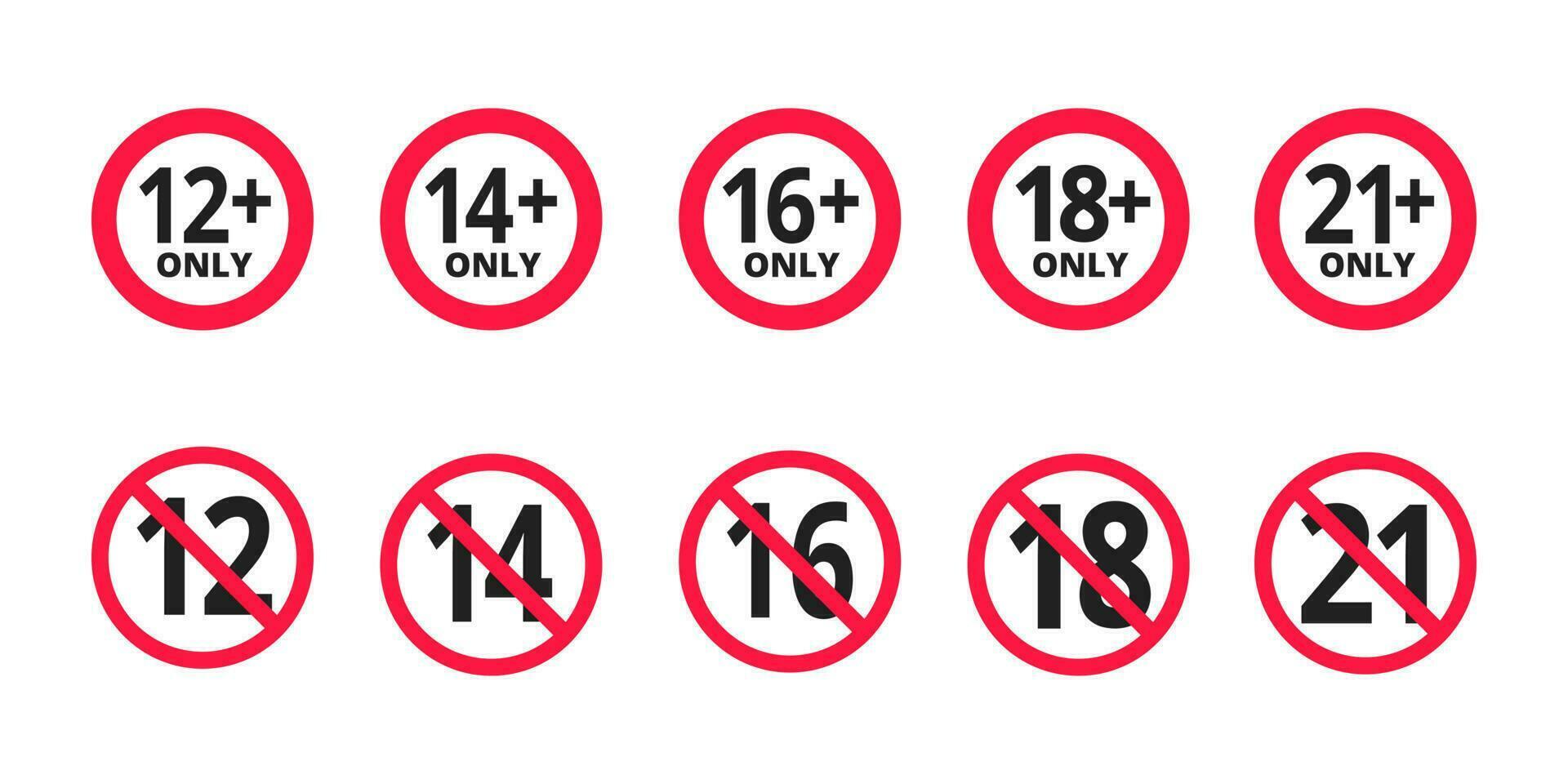 Adults content only age restriction 12, 14, 16, 18, 21 plus years old icon signs set. vector