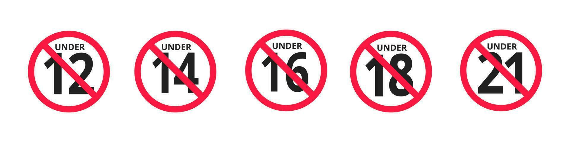 Adults content only age restriction 12, 14, 16, 18, 21 plus years old icon signs set. vector