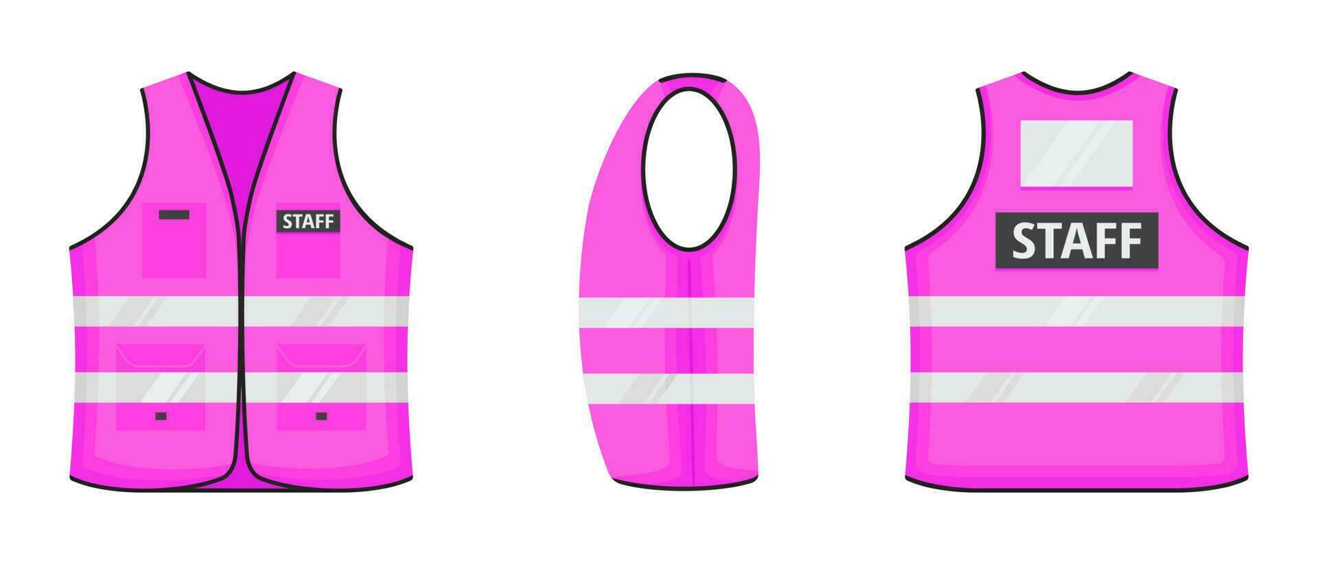 Safety reflective vest with label STAFF tag flat style design vector illustration set.