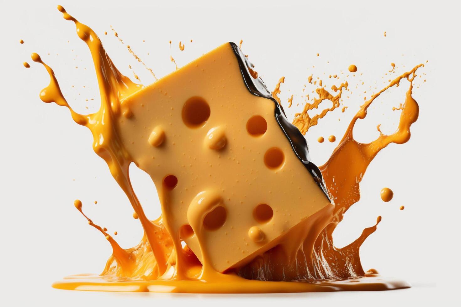 A delicious melting cheese splash in a realistic style. Hot cheese or cheddar splash. Tasty cheese liquid splash. Cheese sauce crown splash. For italian food, world cheese day, dessert by photo