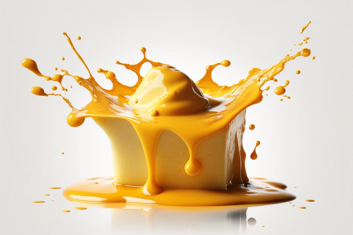 A delicious melting cheese splash in a realistic style. Hot cheese or cheddar splash. Tasty cheese liquid splash. Cheese sauce crown splash. For italian food, world cheese day, dessert by photo