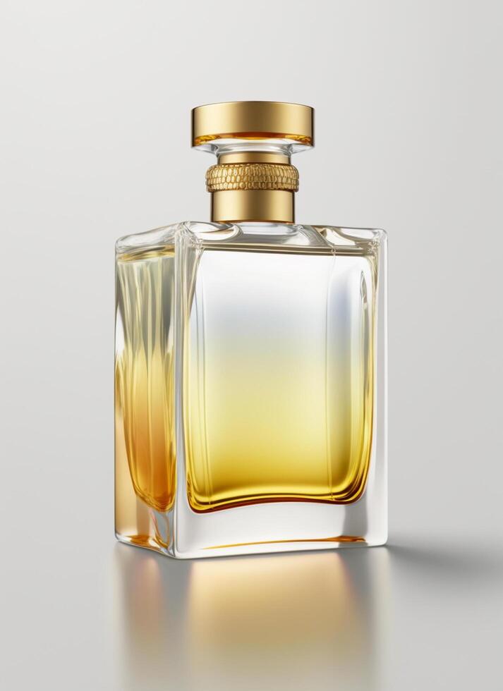 A high class bottle of glass perfume with yellow liquid. Aromatic perfume bottles on white background. For beauty product, cosmetic, perfume day, fragrance day or perfume launch event by photo